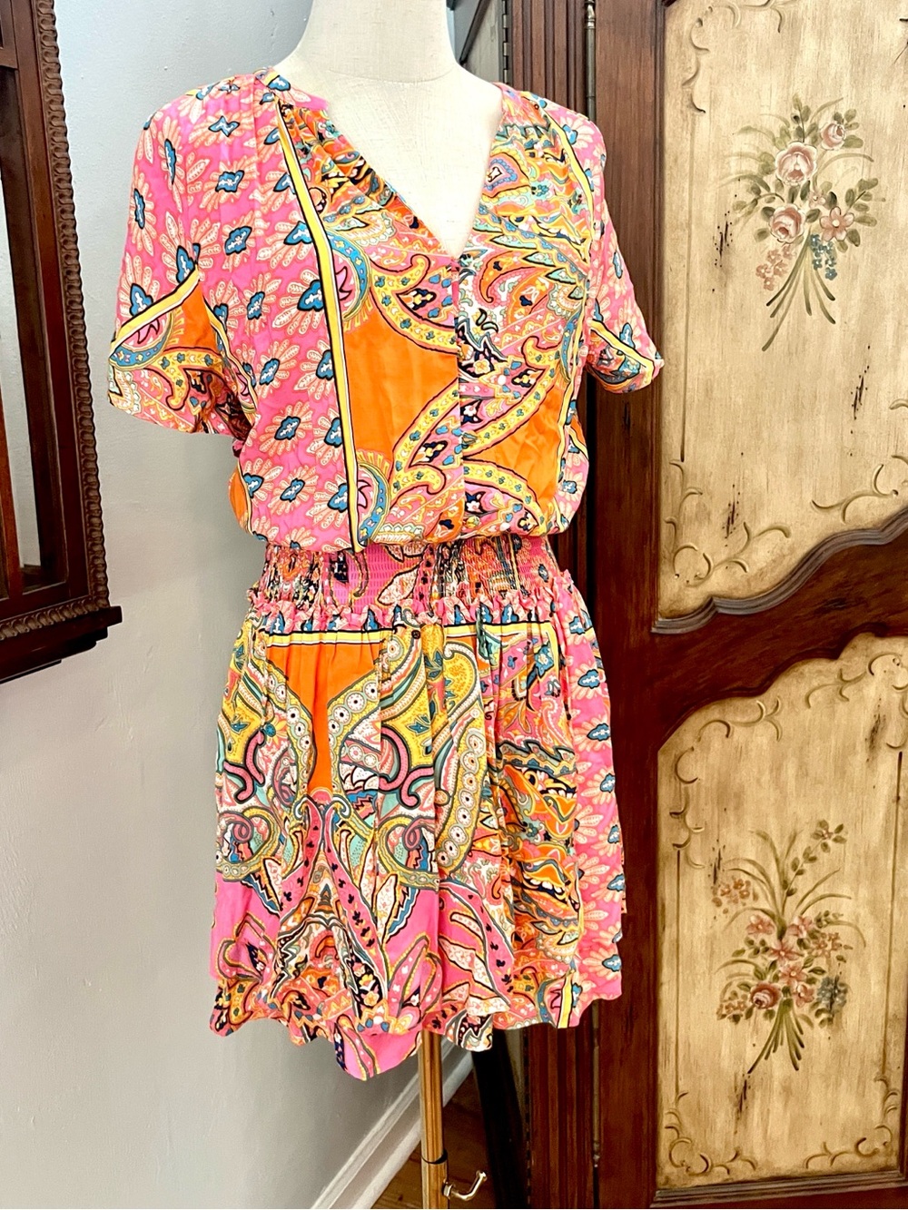 KARLIE Pink Orange Paisley Smocked Waist Ruffle Mini Dress Pockets Size Medium - Picture 6 of 12